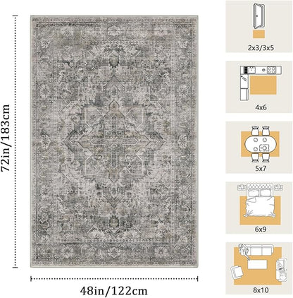 4x6 Machine Washable Area Rug for Living Room, Olive Grey Boho Vintage Floral Rug Large Non-Slip Low Pile Soft Faux Wool Carpet, Kids and Pets Friendly for Bedroom Dining Room Farmhouse Decor Rug