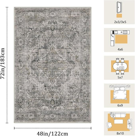 4x6 Machine Washable Area Rug for Living Room, Olive Grey Boho Vintage Floral Rug Large Non-Slip Low Pile Soft Faux Wool Carpet, Kids and Pets Friendly for Bedroom Dining Room Farmhouse Decor Rug