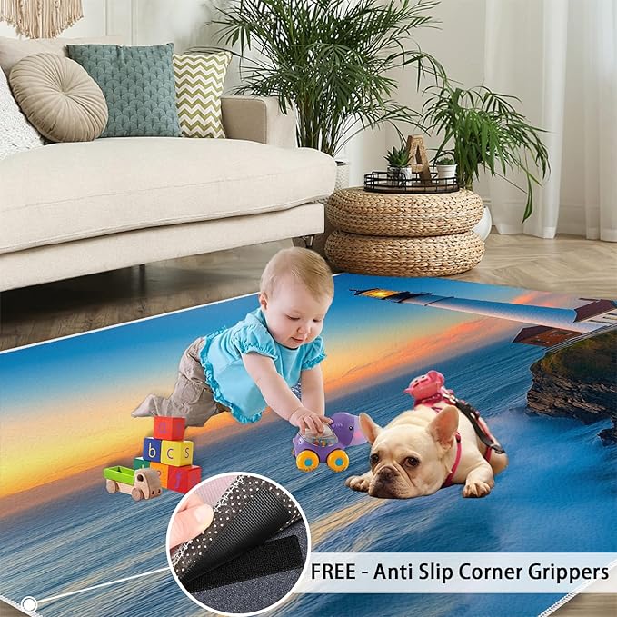 Coastal Rugs for Bedroom - 4x6 Area Rug - Ocean Lighthouse Rugs for Living Room, Sunset Ocean Scenery Rug, Non-Slip Washable Home Decor Carpet