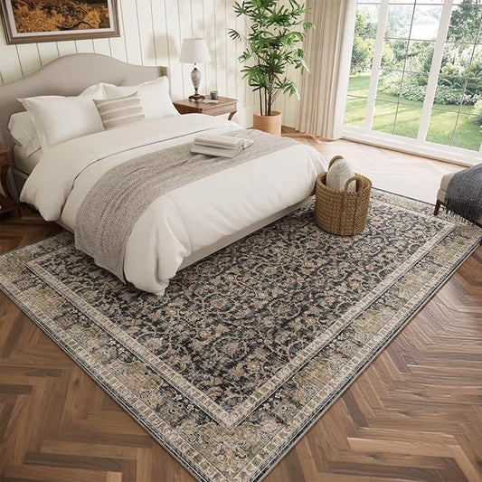 Washable 5x7 Area Rugs for Living Room, Boho Non-Slip Vintage Distress Rugs for Bedroom Dining Room Nursery Office, 0.3" Neutral Oriental Throw Thin Carpet with Cushioning Pad, Black/Brown/Blue/Multi
