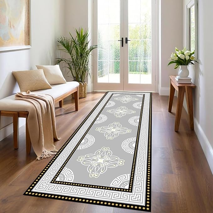 Boho Long Runners Carpet, 4x10ft, Modern Geometric Bohemian Print with Greek Key Grey Long Hallway Rug, Low-Profile Non Slip Rubber Backed Flat Rugs for Relax Room Entryways