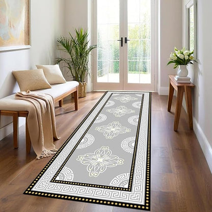 Boho Long Runners Carpet, 2x6ft, Modern Geometric Bohemian Print with Greek Key Grey Long Hallway Rug, Low-Profile Non Slip Rubber Backed Flat Rugs for Relax Room Entryways