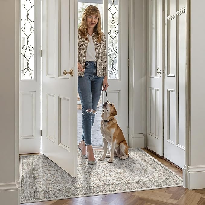 LUMI Indoor Thin Door Mat, 32x47 Washable Small Inside Doormat, Non Slip Low Pile Oriental Floor Carpet, Vintage Distressed Area Rug for Front Door,Entrance,Bedroom, Celadon