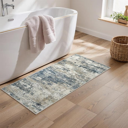 GENIMO 2x4 Entryway Runner Rug, Washable Runners for Kitchen, Indoor Entrance, Bathroom, Low Pile Small Carpet with Non Slip Backing, Abstract Modern Design, Navy Blue