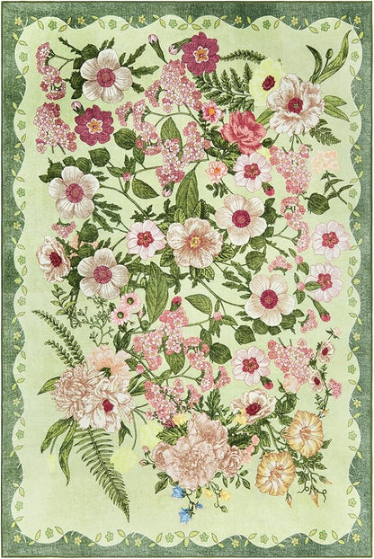 Floral Bedroom Rug - 4x6 Washable Area Rugs Non-Slip Soft Low-Pile Stain Resistant Carpet Flower Print Vintage Indoor Rug for Living Room Dining Room Office Nursery Room, Green