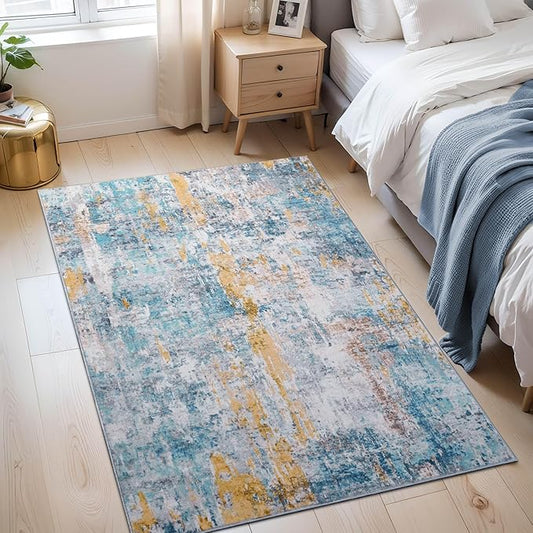 Entryway Rug 3x5 Blue Bedroom Area Rug Washable Non Slip Abstract Boho Rugs for Indoor Entry, Kitchen, Classroom, Bathroom, Kids Girls Room, Office, College Dorm Small Carpet
