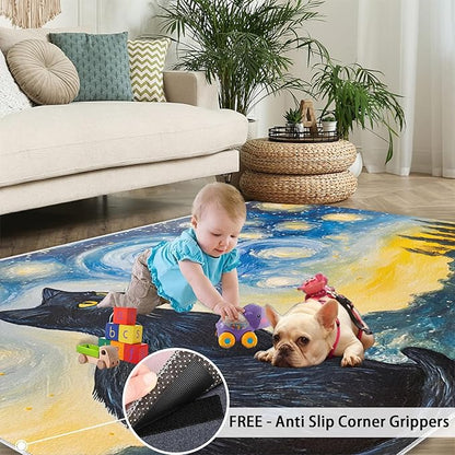Black Cat Rugs for Bedroom - 3x4 Area Rug - Starry Sky Countryside Rugs for Living Room, Vintage Oil Painting Art Rug, Washable Home Decor Carpet