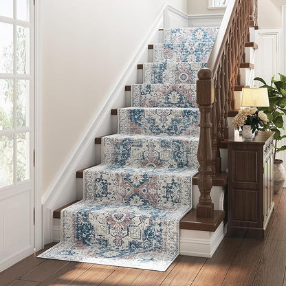 jinchan Kelda Runner Rug 3x10 Vintage Hallway Rug Washable Runner Retro Floor Cover Lightweight Non-Slip Low Pile Thin Distressed Carpet for Entryway Bathroom Laundry Room Bedroom Stairway Navy Blue