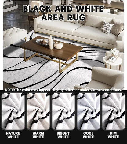 YIHOUSE Modern Area Rugs for Bedroom,5x7 Washable Black and White Rug, Thin Abstract Geometric Minimalist Striped Rug, Black Rugs for Bedroom,Kitchen,Dining Room Office