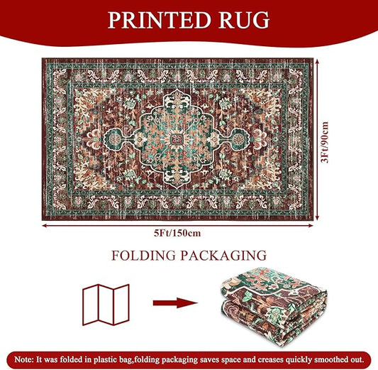 U'Artlines Boho Vintage Area Rug 3x5 Machine Washable Low Pile Ultra-Thin Soft Floor Carpet Non Slip Non Shedding Accent Rug for Living Room Bedroom Entryway Dining Room Office Rust＆Teal