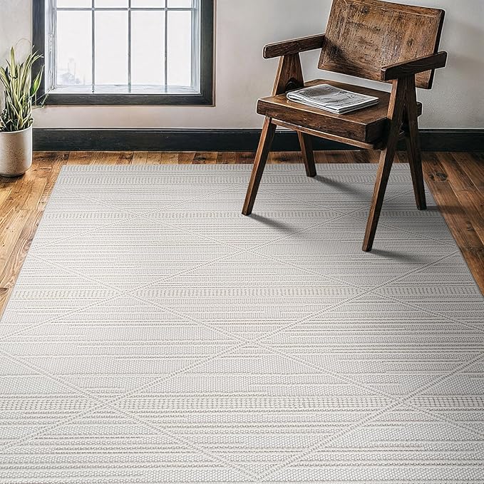 CAMILSON Micro Loop Rug 4x6 Modern Luxury Geometric Pattern Area Rugs Soft High and Low Pile Stain Resistant Easy-Cleaning Non-Shedding for Living Room Office Indoor Carpet (4 x 6 / White)