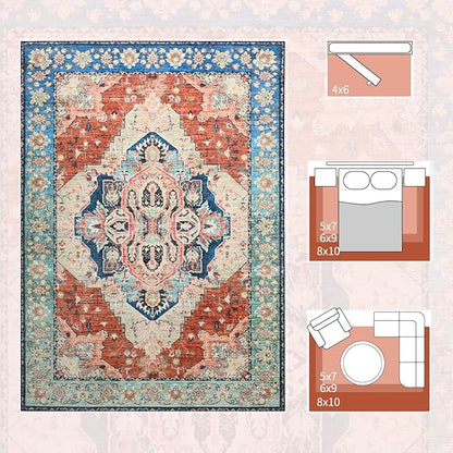 Area Rugs 5x7, Low Pile Washable Rugs, Soft Vintage Distressed Rugs for Bedroom, Living Room, Dining Room, Water Repellent, Non Shedding, Terracotta