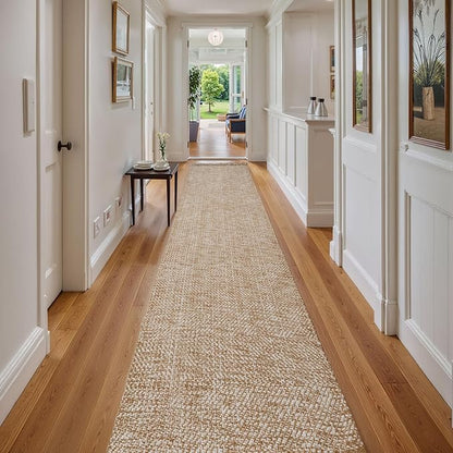 Collive Boho 18 ft Long Runner Rug for Hallway, Washable Kitchen Runner, Cotton Hand-Woven Farmhouse Neutral Carpet Runners, Tan/Cream Low Pile Entryway Floor Runners for Bedroom