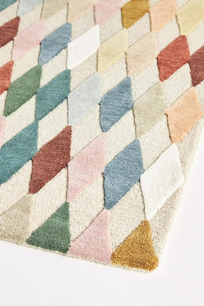 Hand-Tufted Wool Rug with Multicolor Diamond Pattern (2.5x12 Ft) - Modern Geometric Accent Rug for Living Room, Bedroom, or Office, Ivory Base