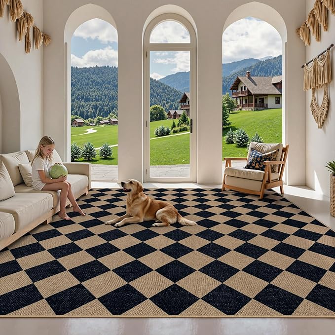 Lahome Checkered Easy Jute Carpet, Washable 8x10 Rugs for Living Room Outdoor Patio Rugs, Farmhouse Neutral Non Slip Stain Resistance Floor Carpet for Office Backyard Sunroom