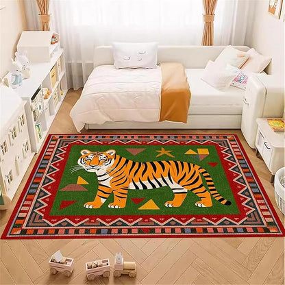 Colorful Tiger Pattern Area Rug, 4x6ft,Stylish Geometric Border Tiger Rug, Add Unique Charm To Your Home,Cute Animal Print Pattern Rugs Suitable for Children's Room Living Room Bedroom Farmhouse
