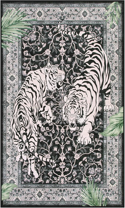 Moynesa Tiger Washable Rugs, 3x5 Entry Area Rugs, Non Slip Vintage Soft Living Room Carpet, Boho Low Pile Stain Resistant Indoor Throw Mat for Kitchen Bedroom Entrance, Black
