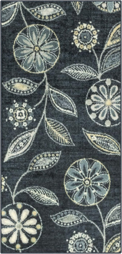Maples Rugs Reggie Floral Runner Rug - Made in USA - Washable, Non Slip Indoor Carpet for Kitchen, Hallway, and Laundry Room, 2'6" x 5', Persian Blue