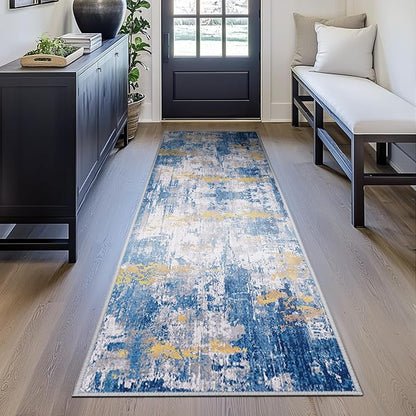 Washable Area Rugs 2'x8' Non-Slip Modern Abstract Soft for Living Room Entryway Bedroom Nursery, Print Pattern, Grey Blue Gold/Golden