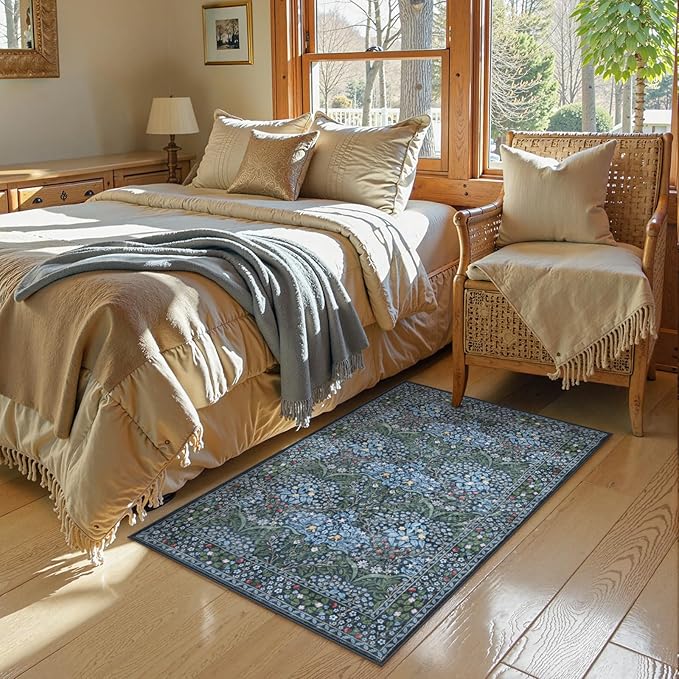 Lahome Floral Entryway Rug, 2x3 Kitchen Rugs Non Slip Washable Boho Blue Forest Design, Soft Door Mat Indoor Entrance, Ultra-Thin Easy Clean Small Throw Carpet for Bedroom Bathroom, Blue