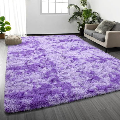 Soft Modern Shaggy Fluffy Carpets for Living Room Bedroom Girls Room Nursery Home Decor, 4 X 6 Tie-Dyed Plush Fuzzy Rugs, Indoor Carpet Shag Area Rug for Kids Room, Purple