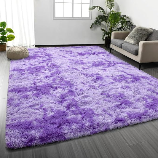 Large Shag Area Rugs 6 x 9, Tie-Dyed Plush Fuzzy Rugs for Living Room, Ultra Soft Fluffy Furry Rug for Bedroom, Indoor Carpet Nursery Rugs for Kids Room Home Decor, Purple