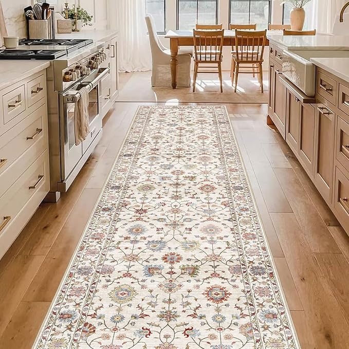Washable Hallway Runner Rug 2.5x12ft - Long Non-Slip Cream Colorful Boho Runner Rug Low Pile Soft Vintage Bohemian Floral Runners for Hallways Kitchen Living Room Indoor Entryway Bedroom Foyer
