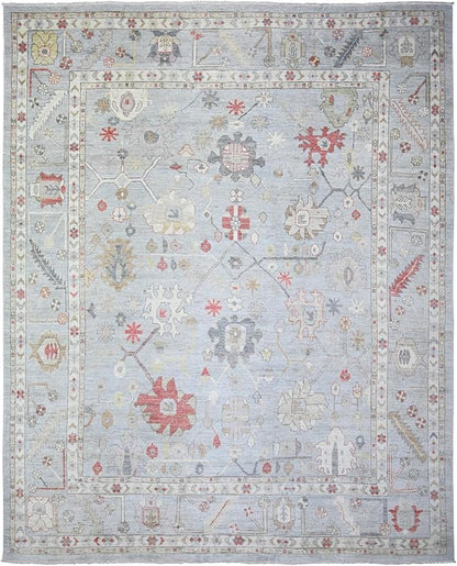 Steel Gray Pure Wool Hand Knotted Afghan Angora Oushak with All Over Pattern Natural Dyes Squarish Oriental Rug (11'9"x14')