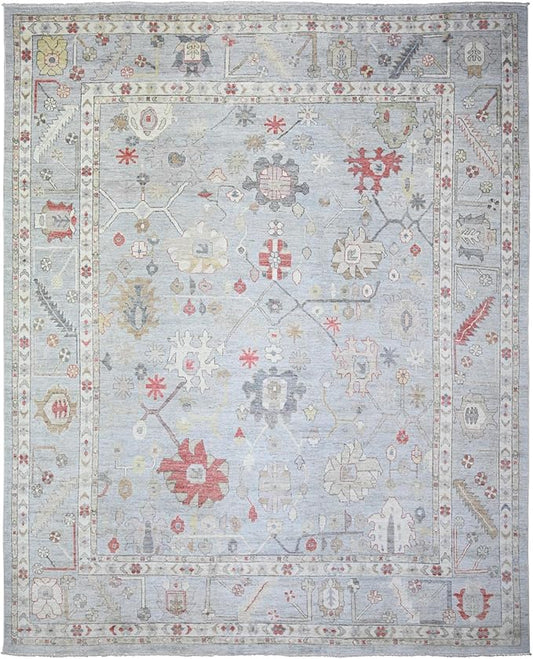 Steel Gray Pure Wool Hand Knotted Afghan Angora Oushak with All Over Pattern Natural Dyes Squarish Oriental Rug (11'9"x14')