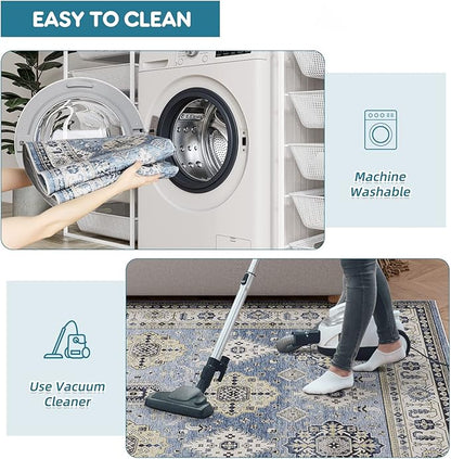 Dripex Washable Area Rug 6x9 Living Room Rug Stain & Water Resistant Foldable Thin Vintage Rugs Faux Wool Floor Carpet for Bedroom Dining Room Kitchen Bathroom Farmhouse Office