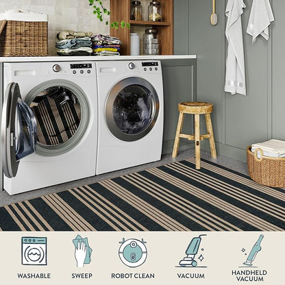 Lahome Striped Easy Jute Rugs for Living Room, 6x9 Washable Indoor Outdoor Patio Rug, Neutral Thin Non Slip Non Shedding Black Dining Room Carpet for Under Table Mudroom Classroom