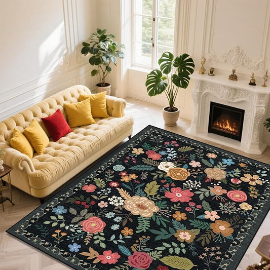 9x12 Area Rug, Floral Rugs for Living Room, Stain-Resistant Washable Bedroom Rug, Non-Slip Area Rugs for Dining Room Under Table, Indoor Carpet for Home Office (9 x 12 Black)