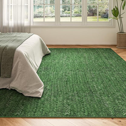 Eleisa Modern Vintage 9x12 Herringbone Chevron Area Rug, Non-Slip Stain Resistant Washable Rug, Green Large Rug for Living Room, Farmhouse Carpet for Bedroom, Kitchen, Dining Room, Home Office