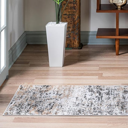 Rugs.com Leipzig Collection Rug – 8 Ft Runner Beige Low-Pile Rug Perfect for Hallways, Entryways