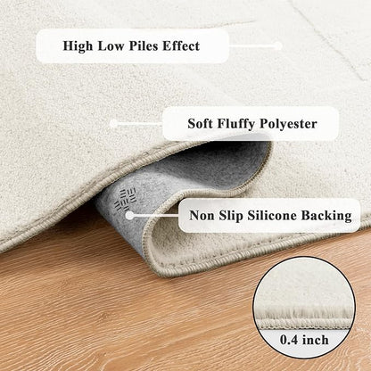 SHACOS Soft Cozy Fluffy Abstract Geometric High Low Pile Area Rugs 5'x7' Non Slip Washable Scandinavian Minimalist Rug Modern Carpet for Living Room Bedroom Dining Room, Cream