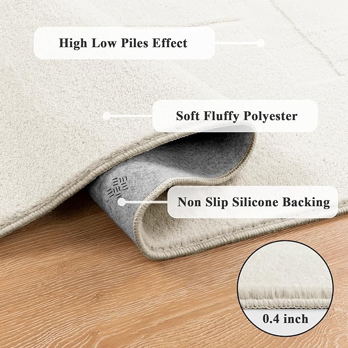 SHACOS Soft Cozy Fluffy Abstract Geometric High Low Pile Area Rugs 3'x5' Non Slip Washable Scandinavian Minimalist Rug Modern Carpet for Living Room Bedroom Bathroom, Cream