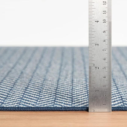 Dash & Albert Herringbone Navy Machine Washable Rug, 9.5 X 13.5 Feet, Blue Geometric Pattern