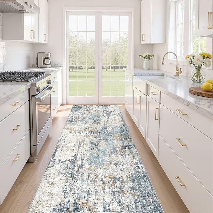 Runner Rug Non Slip Rugs: 3x10 Hallway Kitchen Washable Abstract Soft Modern Stain Resistant Indoor Floor Neutral Accent Throw Carpet for Bathroom Laundry Room Entryway Bedroom- Blue