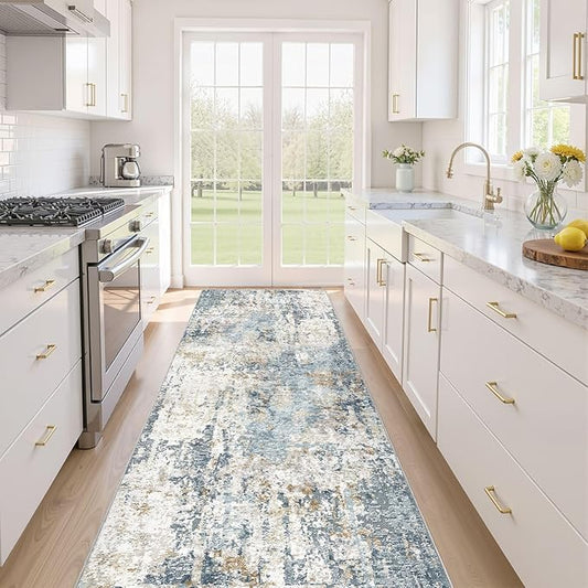 Runner Rug Non Slip Rugs: 3x8 Hallway Kitchen Washable Abstract Soft Modern Stain Resistant Indoor Floor Neutral Accent Throw Carpet for Bathroom Laundry Room Entryway Bedroom- Blue