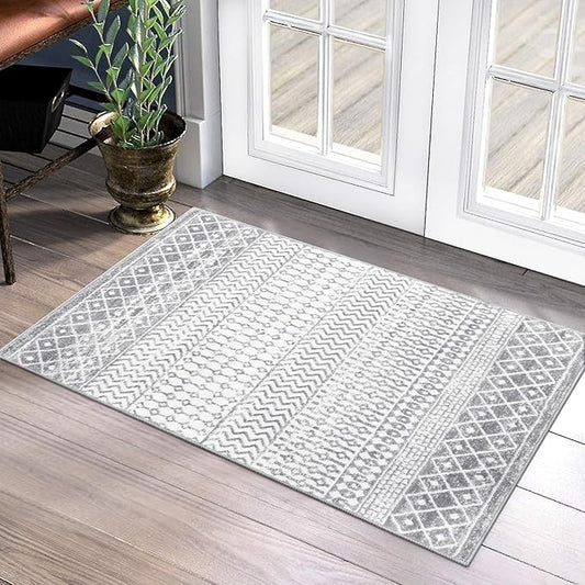 Moroccan Washable Rugs, 2x3 Grey Rug Non-Slip Small Distressed Entryway Rugs, Soft Low-Pile Bedroom Rug Indoor Doormat Carpet for Entryway Kitchen Bathroom