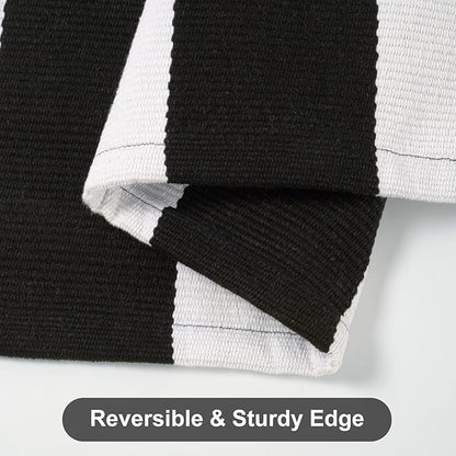 Striped Outdoor Rug 3'x5', Cotton Hand Woven Front Door Mat,Washable Reversible Outside Porch Rug, Foldable Layered Doormat for Entryway/Home Entrance/Farmhouse(Black and White)