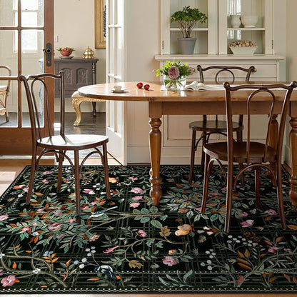Morebes Boho Flower Rug for Living Room Non Slip, Washable Area Rugs 5x7, Soft Black Floral Birds Low-Pile Floor Indoor Throw Carpet for Bedroom Dining Room Dorm Playroom Foyer Office