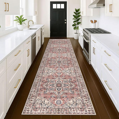 KOZYFLY Runners for Hallways 3x12 Ft Extra Long Washable Faux Wool Thin Hallway Rug Boho Runner Carpet Printed Entryway Rug for Bedroom Stairs Kitchen Living Room Hall, Terracotta/Beige