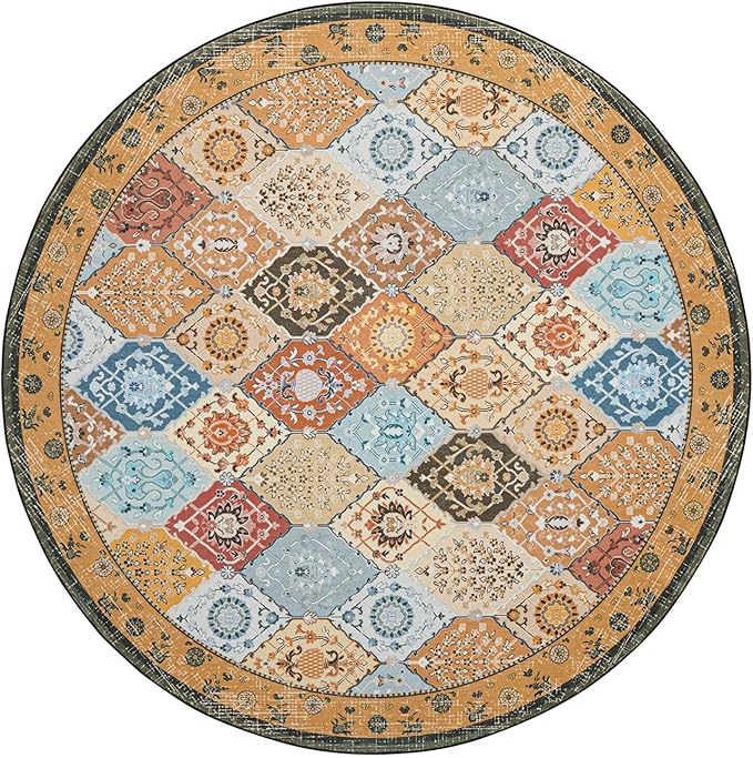 Phantoscope Washable Round Area Rug 6ft Non-Slip, Vintage Boho Rugs for Living Room, Bedroom, Dining Room, Distressed Moroccan Mosaic Diamond Pattern, Low-Pile Foldable Floor Carpet, Terracotta/Rust