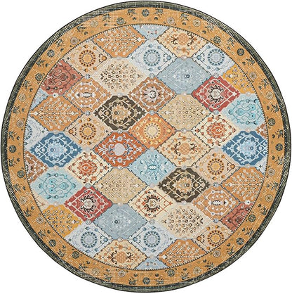 Phantoscope Washable Round Area Rug 6ft Non-Slip, Vintage Boho Rugs for Living Room, Bedroom, Dining Room, Distressed Moroccan Mosaic Diamond Pattern, Low-Pile Foldable Floor Carpet, Terracotta/Rust