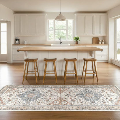 Runner Rug Kitchen Washable Rugs: 2x6 Non-Slip Boho Vintage Distressed Stain Resistant Indoor Neutral Farmhouse Throw Carpet for Hallway Bathroom Laundry Room Entryway Bedroom- Beige Blue