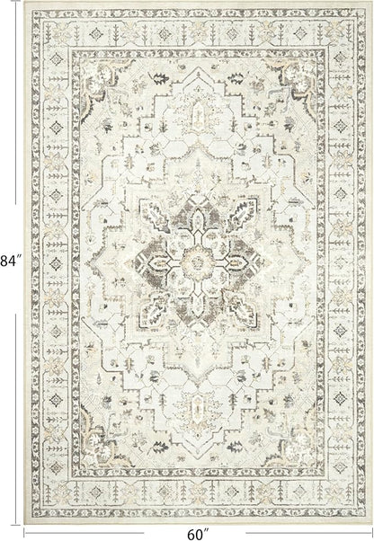 zesthome 5x7 Area Rugs, Machine Washable Rugs for Living Room, Bedroom,Stain Resistant Vintage Large Area Rug,Non-Slip Medallion Pattern Home Decor Rugs (Beige,5'x7')
