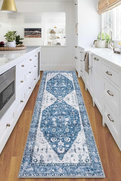 COMSLE Boho Runner Rug, 2' x 8' Washable Area Rugs for Hallway Faux Wool Small Kitchen Distressed Throw Rug Non-Slip Laundry Room Carpet Runner for Entryway Indoor Door Mat Bedroom