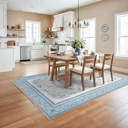 SOULFUL Medium Pile 8x10 Rugs for Living Room - Cozy Soft Underfoot Large Area Rug - Mist Blue Boho Floral - Washable Non-Slip - Perfect for Bedroom Kids Room Under Dining Table Office