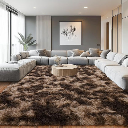 Upgrade Non-Slip Plush Rugs for Living Room, Soft Shaggy Carpets for Living Room, Fuzzy Rugs for Kids' Room, Perfect Decor for Modern Home Tie Dye Coffee 8x10Feet